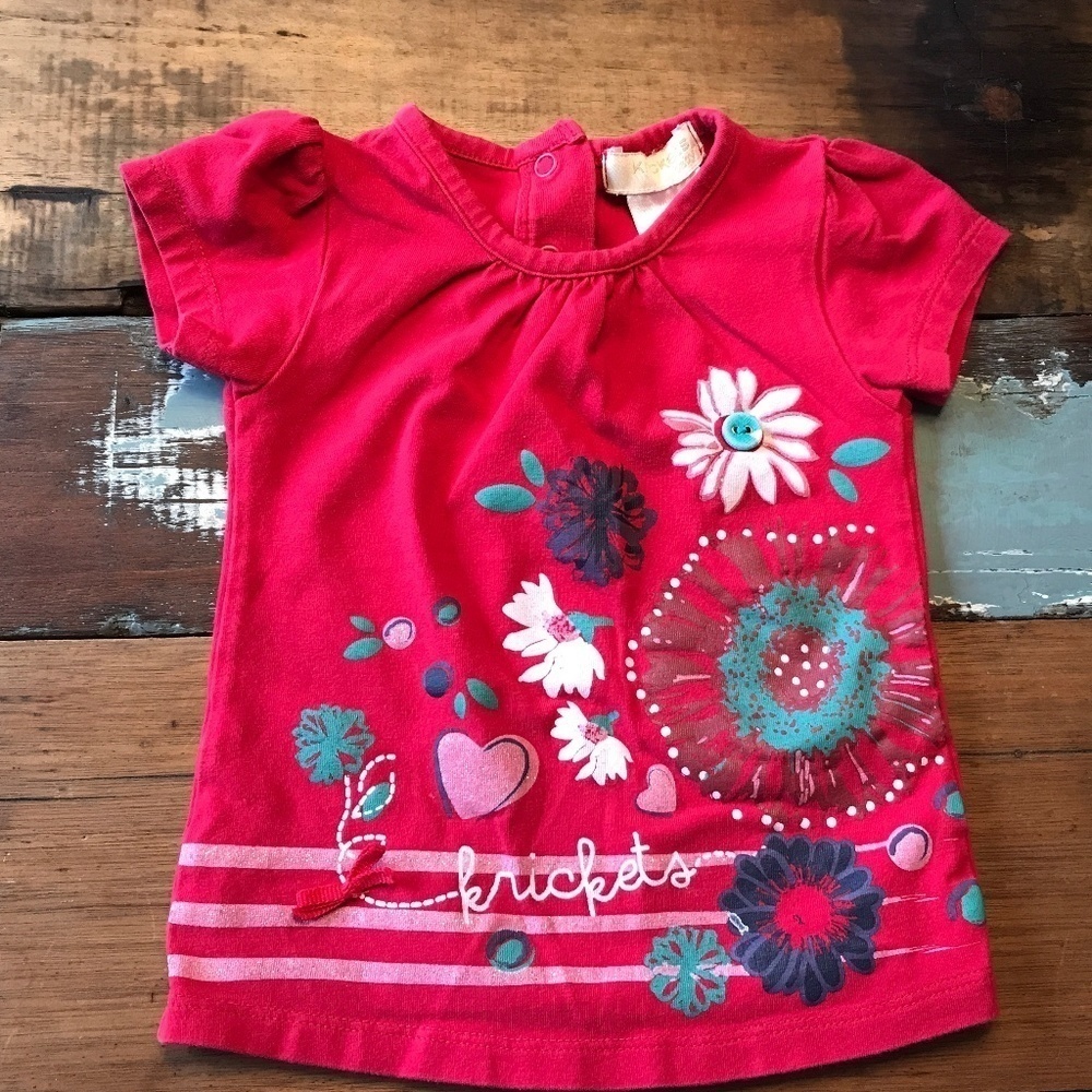 Krickets Short sleeve Red Tee Baby Floral embroideries Size 9m